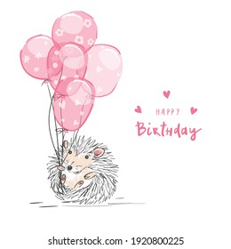 Happy birthday. Funny hedgehog with balloon, handwritten text. Greeting card.