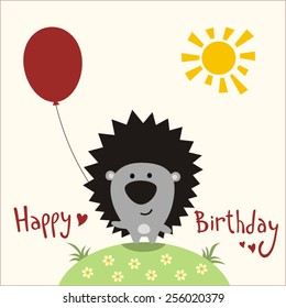 Happy birthday! Funny hedgehog with balloon, handwritten text. Greeting card.