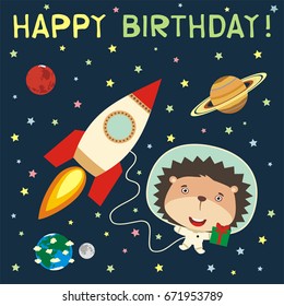 Happy birthday! Funny hedgehog with gift in spacesuit next to rocket in space. Greeteng card.