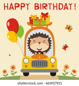 Happy birthday! Funny hedgehog rides in car with gifts and balloons. Greeting card.