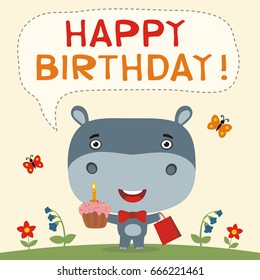 Happy birthday Funny hippo with cake and gift. Greeteng card.
