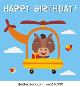 Happy birthday! Funny horse with gift flying on helicopter. Greeteng card in cartoon style.