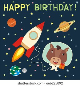 Happy birthday! Funny horse with gift in spacesuit next to rocket in space. Greeteng card.