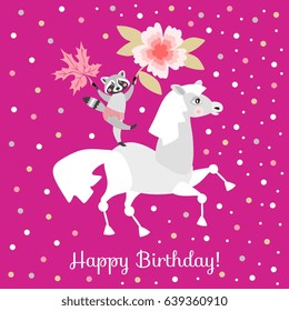 Happy birthday! Funny horse with rider - raccoon with flower and maple leaf. Vector illustration.