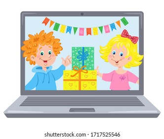 Happy birthday! Funny kids take congratulations on laptop screen. Video chat online. Internet communication during quarantine. In cartoon style. Vector illustration