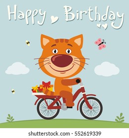 Happy birthday! Funny kitten cat on bike with gifts in cartoon style