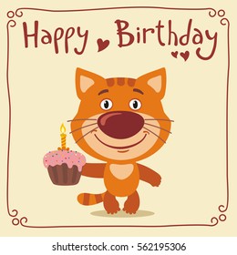 Happy birthday! Funny kitten cat with cake. Greeting card.