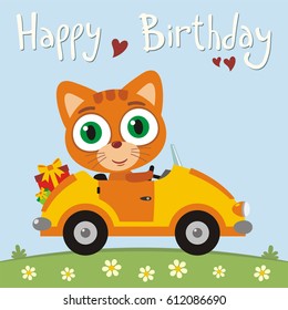 Happy birthday! Funny kitten cat going in car with gifts. Greeting card.