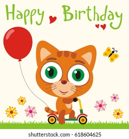 Happy birthday! Funny kitten cat going on scooter with red balloon. Greeting card.