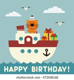 Happy birthday Funny kitten on the ship with gift. Card in cartoon style.