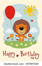 Happy birthday! Funny lion with balloon on flower meadow. Greeting card.