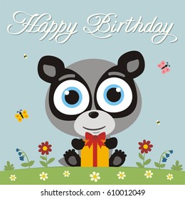 Happy birthday! Funny little badger with gift in cartoon style. Greeting card.