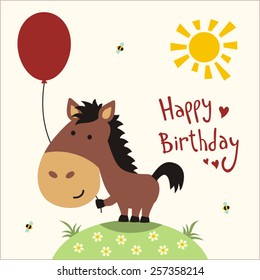 Happy birthday! Funny little horse with balloon, handwritten text. Greeting card.