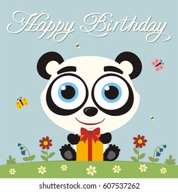 Happy birthday! Funny little panda bear with gift in cartoon style. Greeting card.