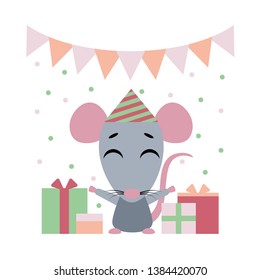 Happy birthday. Funny little rat cartoon emoji characte. Vector illustration with rat.