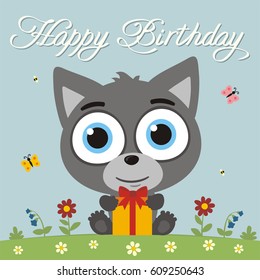 Happy birthday! Funny little wolf with gift in cartoon style. Greeting card.
