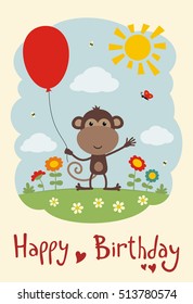 Happy birthday! Funny monkey with balloon on flower meadow.