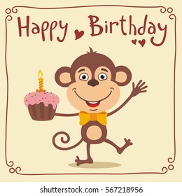 Happy birthday! Funny monkey with cake. Greeting card.