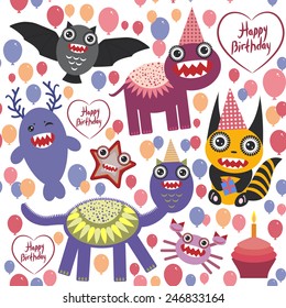 happy birthday Funny monsters party card design. seamless background vector