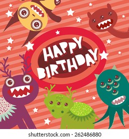 Happy birthday Funny monsters party card design on pink striped background with stars. Vector