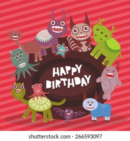 Happy birthday Funny monsters party card design on pink striped background. Vector 