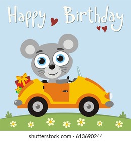 Happy birthday! Funny mouse going in car with gifts. Greeting card.