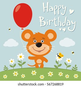 Happy birthday! Funny mouse with red balloon on flower meadow. Greeting card.