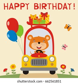 Happy birthday! Funny mouse rides in car with gifts and balloons. Greeting card.
