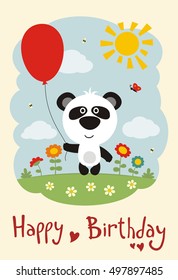 Happy birthday! Funny panda bear with balloon on flower meadow. Greeting card.