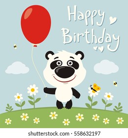 Happy birthday! Funny panda bear with red balloon on flower meadow in cartoon style.