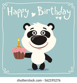 Happy birthday! Funny panda bear with cake. Greeting card.