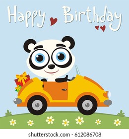 Happy birthday! Funny panda bear going in car with gifts. Greeting card.