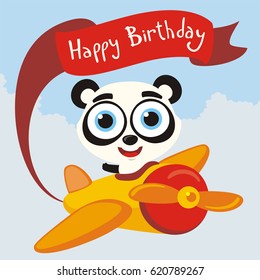 Happy Birthday! Funny panda flies on airplane with greeting on red ribbon.