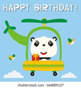 Happy birthday! Funny panda with gift flying on helicopter. Greeting card.