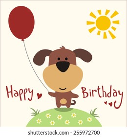 Happy birthday! Funny puppy with balloon, handwritten text. Greeting card.