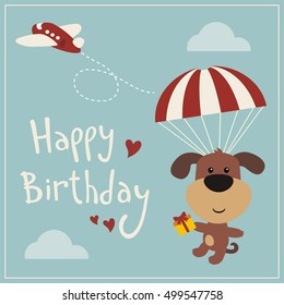 Happy Birthday! Funny Puppy Dog Flying On Parachute With Gift. Greeting Card.