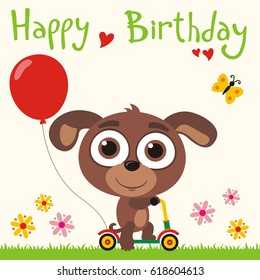 Happy birthday! Funny puppy dog going on scooter with red balloon. Greeting card.