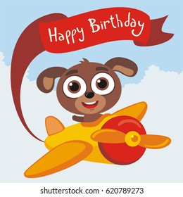 Happy Birthday! Funny puppy flies on airplane with greeting on red ribbon.