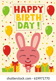 Happy birthday! Funny rabbit with gifts and balloons. Greeting card.