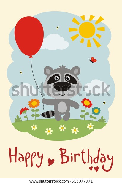 Happy Birthday Funny Raccoon Balloon On Stock Vector (Royalty Free ...