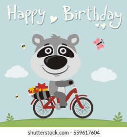 Happy birthday! Funny raccoon on bike with gifts in cartoon style