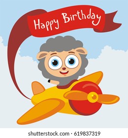 Happy Birthday! Funny sheep flies on airplane with greeting on red ribbon.