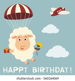 Happy birthday! Funny sheep fly on parachute with gift and flower in cartoon style.