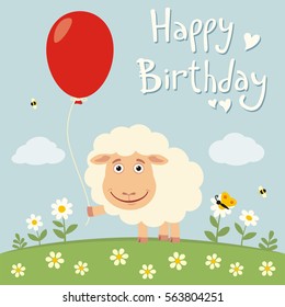 Happy birthday! Funny sheep with red balloon on flower meadow in cartoon style.