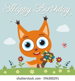 Happy birthday! Funny squirrel with flowers. Greeting card.