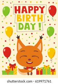Happy birthday! Funny squirrel with gifts and balloons. Greeting card.