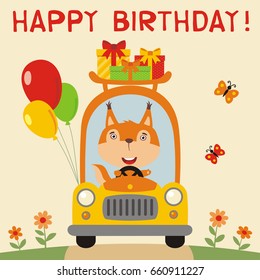 Happy birthday! Funny squirrel rides in car with gifts and balloons. Greeting card.