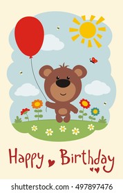 Happy birthday! Funny teddy bear with balloon on flower meadow. Greeting card.