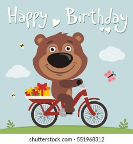 Happy birthday! Funny teddy bear on bike with gifts in cartoon style