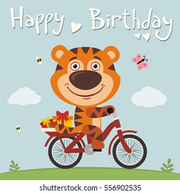 Happy birthday! Funny tiger on bike with gifts in cartoon style